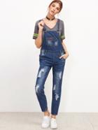 Romwe Blue Bleached Ripped Overall Jeans
