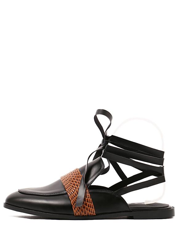 Romwe Snake Embossed Ankle Wrap Mules - Black