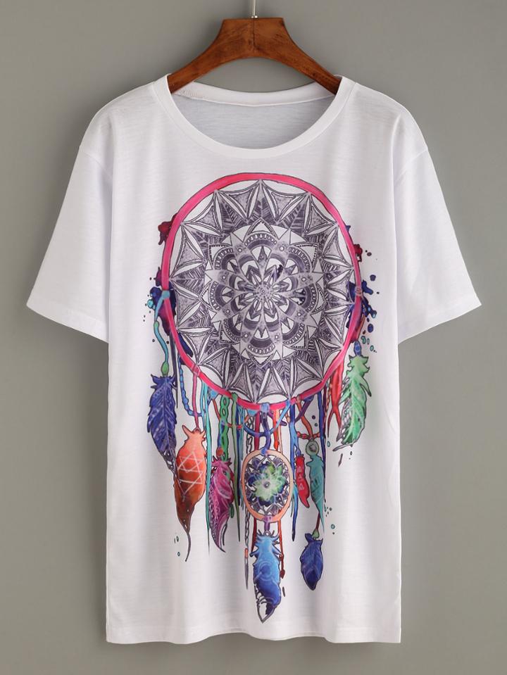 Romwe White Feather Tribal Print Long T-shirt