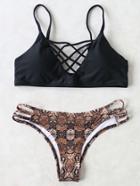 Romwe Black Leopard Criss Cross Sexy Bikini Set