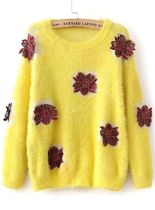 Romwe Embroidered Mohair Loose Yellow Sweater