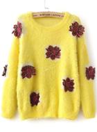 Romwe Embroidered Mohair Loose Yellow Sweater