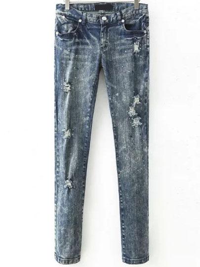Romwe Ripped Denim Pant With Rhinestone