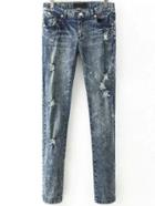 Romwe Ripped Denim Pant With Rhinestone