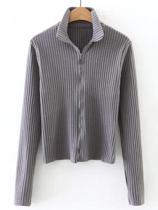 Romwe Grey Zip Up Ribbed Knit T-shirt