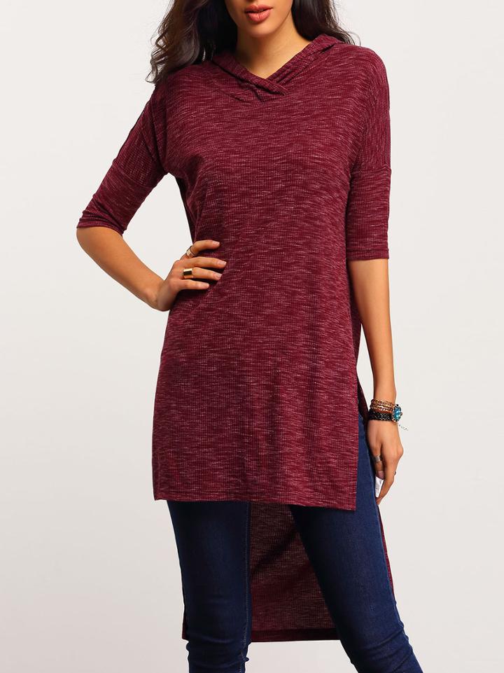 Romwe Red Hooded Side Slit Dip Hem T-shirt