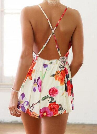 Romwe Criss Cross Back Backless Floral Romper