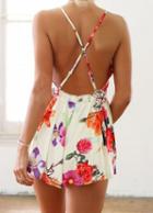 Romwe Criss Cross Back Backless Floral Romper