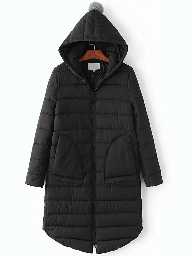 Romwe Black Curved Hem Hooded Padded Coat With Pocket