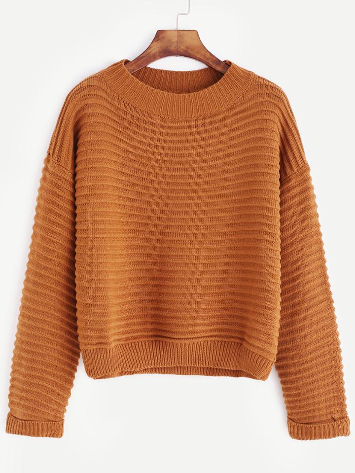 Romwe Brown Dropped Shoulder Seam Long Sleeve Sweater