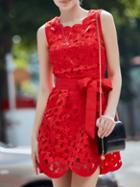 Romwe Red Jacquard Tie-waist Hollow Dress