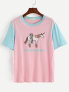 Romwe Color Block Cartoon Print T-shirt