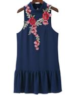 Romwe Navy Floral Embroidery Open Back Sleeveless Ruffle Hem Dress
