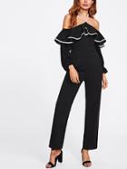Romwe Pearl Beading Halter Binding Flounce Jumpsuit