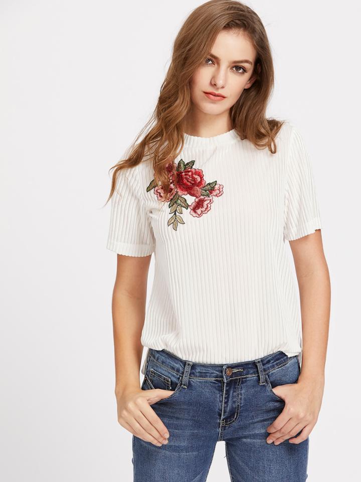 Romwe Flower Applique Stepped Hem Striped Velvet Tee