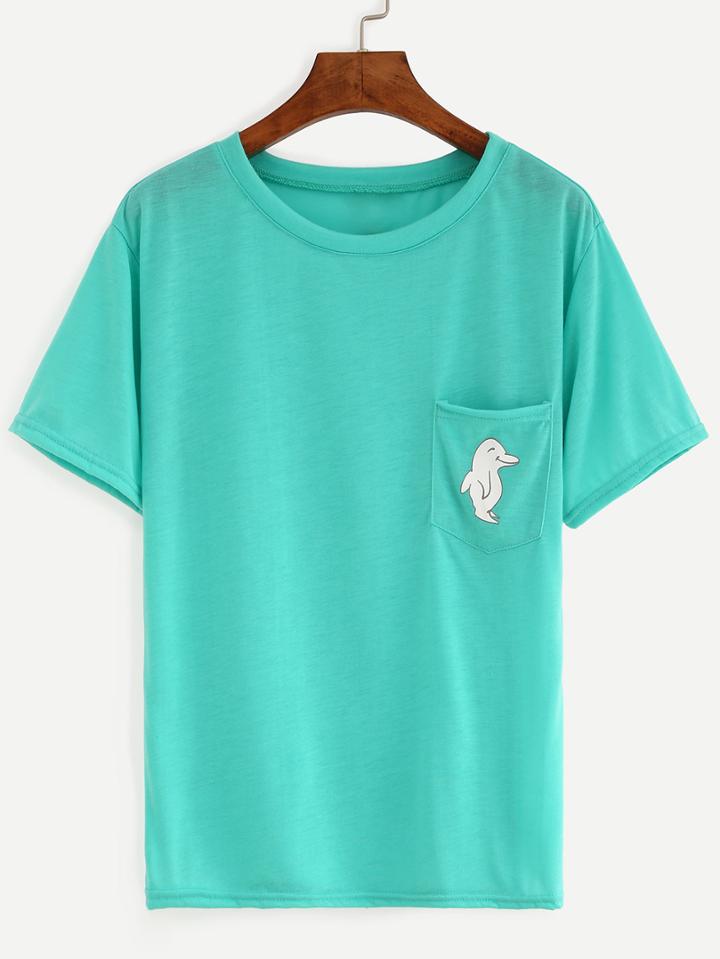 Romwe Green Dolphin Print Pocket T-shirt