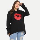 Romwe Plus Lip Print Hooded Sweatshirt