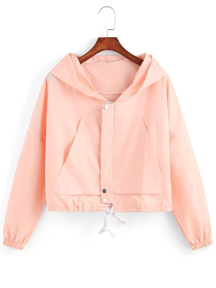 Romwe Hooded Drawstring Pockets Crop Coat