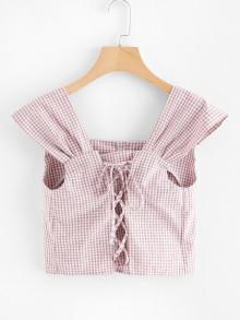 Romwe Plaid Button Front Lace Up Top