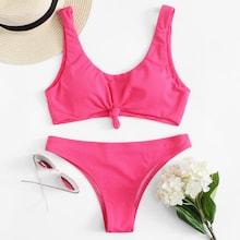 Romwe Neon Pink Knot Front Bikini Set