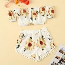 Romwe Sunflower Print Off The Shoulder Top With Shorts