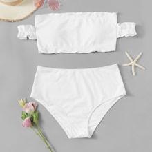 Romwe Plus Lettuce Trim Top With High Waist Bikini