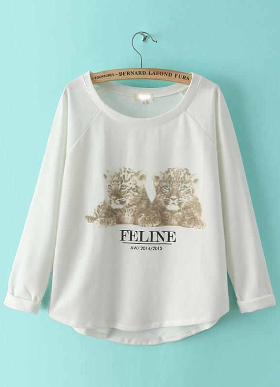 Romwe White Round Neck Cat Face Print Sweatshirt