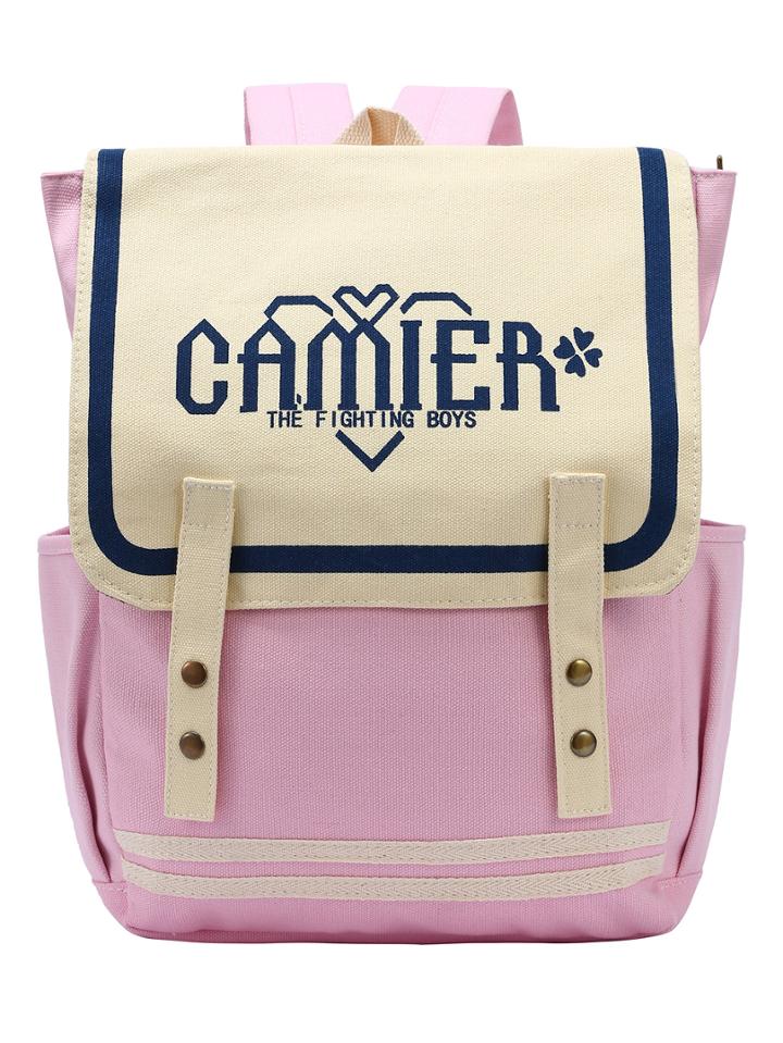 Romwe Pink Letter Print Canvas Flap Backpack