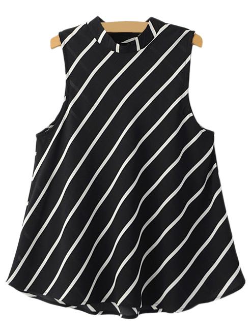 Romwe Black Sleeveless Stand Collar Oblique Stripe Blouse
