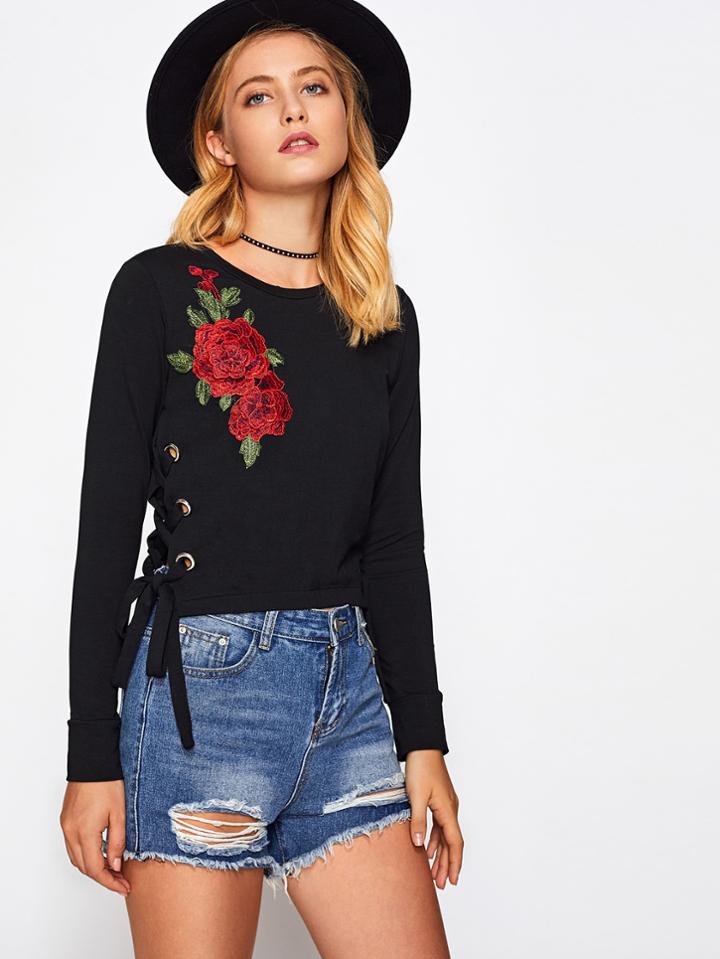 Romwe Rose Embroidered Applique Eyelet Lace Up Side Sweatshirt