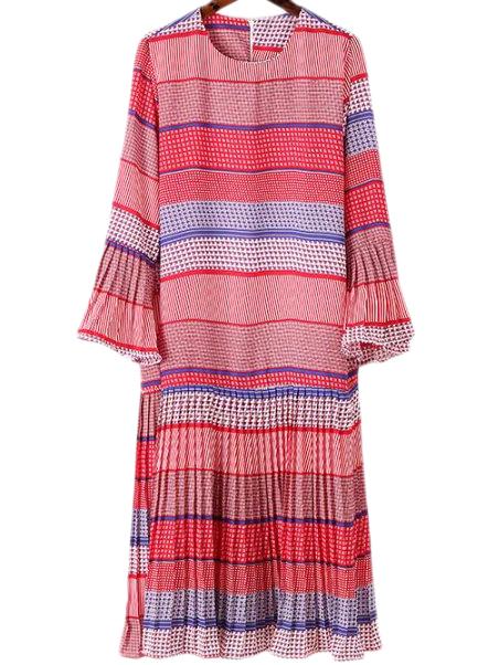 Romwe Red Bell Sleeve Stripe Pleated Dress