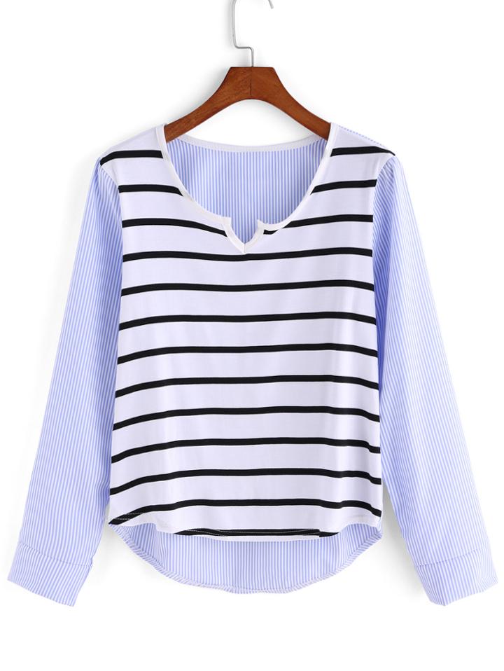 Romwe V Neck Dip Hem Striped T-shirt