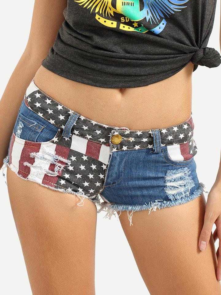 Romwe Stars And Striped Print Frayed Mini Denim Shorts - Blue