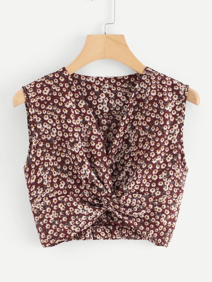 Romwe Flower Print Knot Top