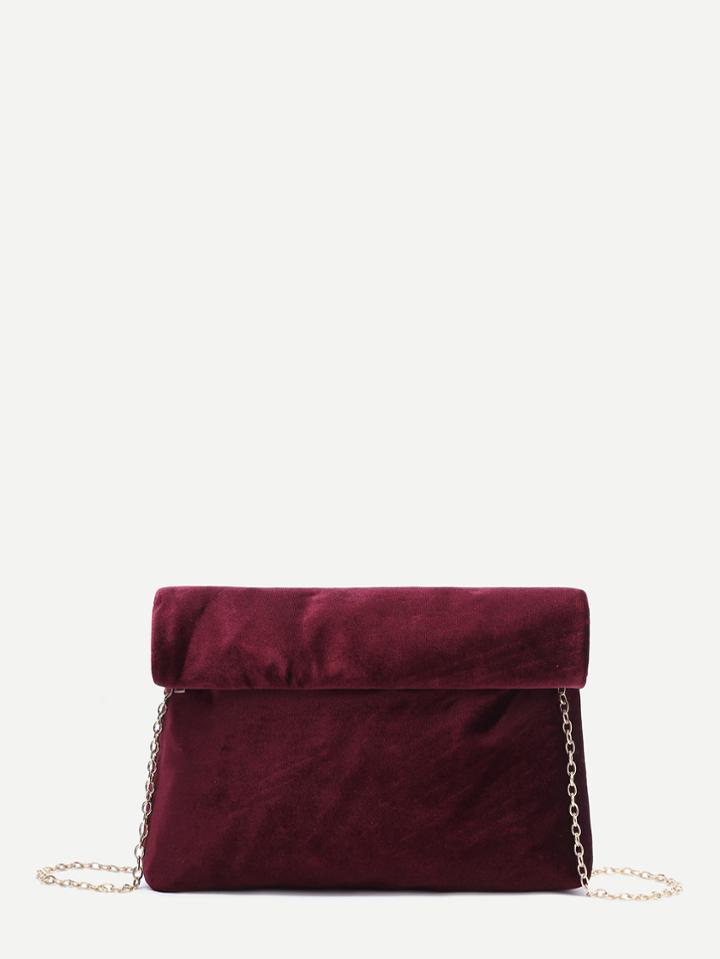 Romwe Burgundy Foldover Velvet Clutch Bag With Chain