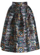 Romwe Green High Waist Floral Flare Skirt