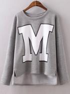 Romwe High Low Letter Print Thicken Grey T-shirt