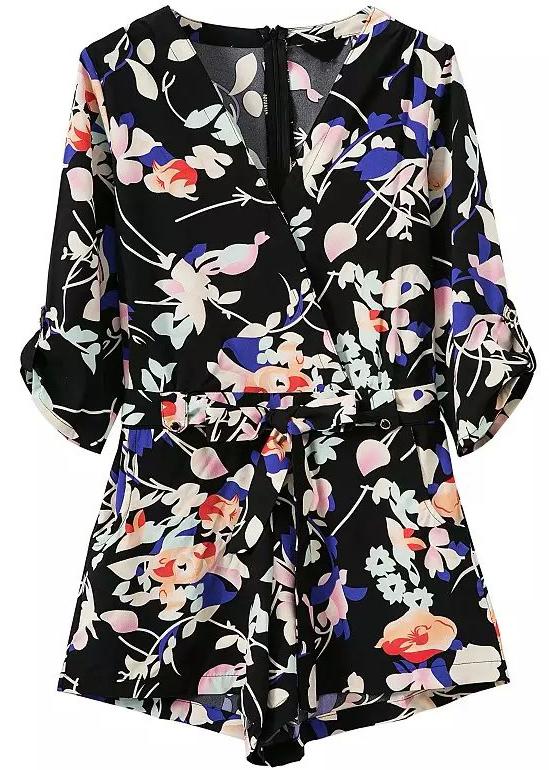 Romwe V Neck Florals With Zipper Jumpsuit