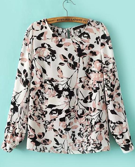 Romwe Leaves Print Backless Chiffon Blouse