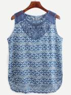 Romwe Blue Tribal Print Embroidered Sleeveless Blouse