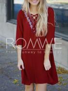 Romwe Burgundy Lace Up Neck Embroidered Dress