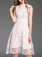 Romwe Pink Lapel Gauze Embroidered A-line Dress