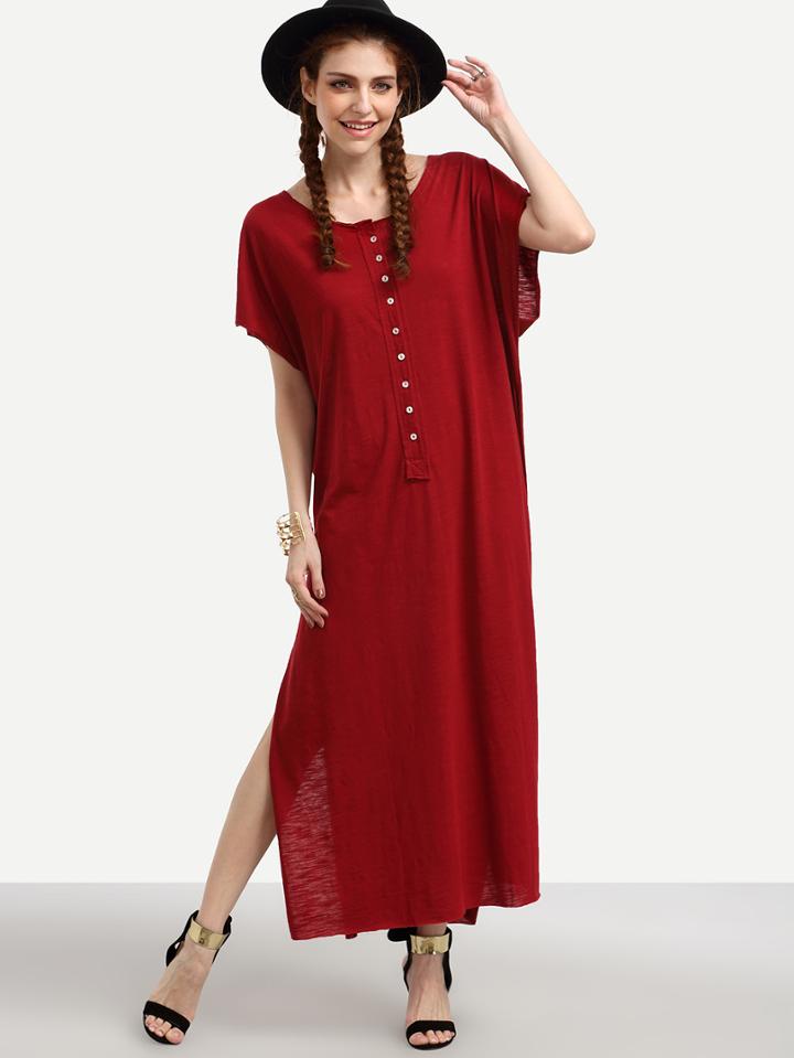 Romwe Burgundy Buttoned Front Loose Fit Slit Dress