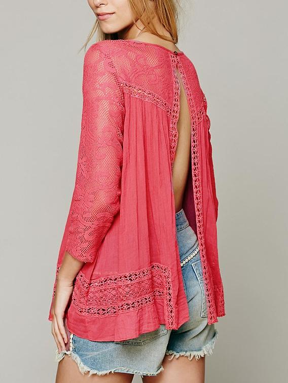 Romwe Lace Insert Slit Back Blouse