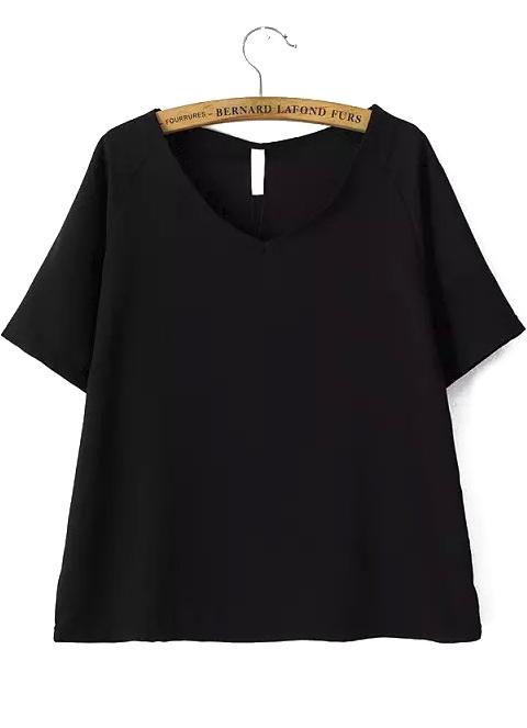 Romwe V Neck Chiffon Black T-shirt