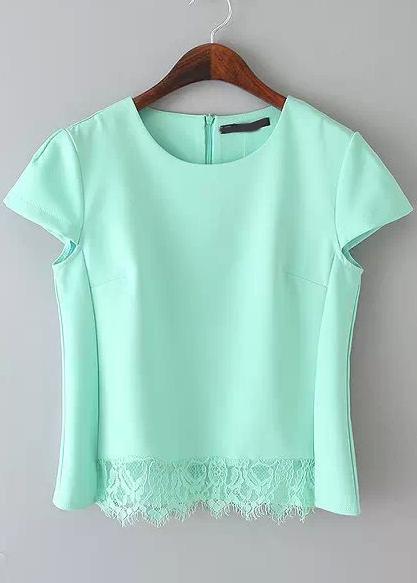 Romwe Green Cap Sleeve Lace Crop Blouse