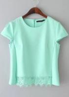 Romwe Green Cap Sleeve Lace Crop Blouse