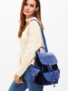 Romwe Royal Blue Pu And Velvet Flap Pocket Drawstring Backpack