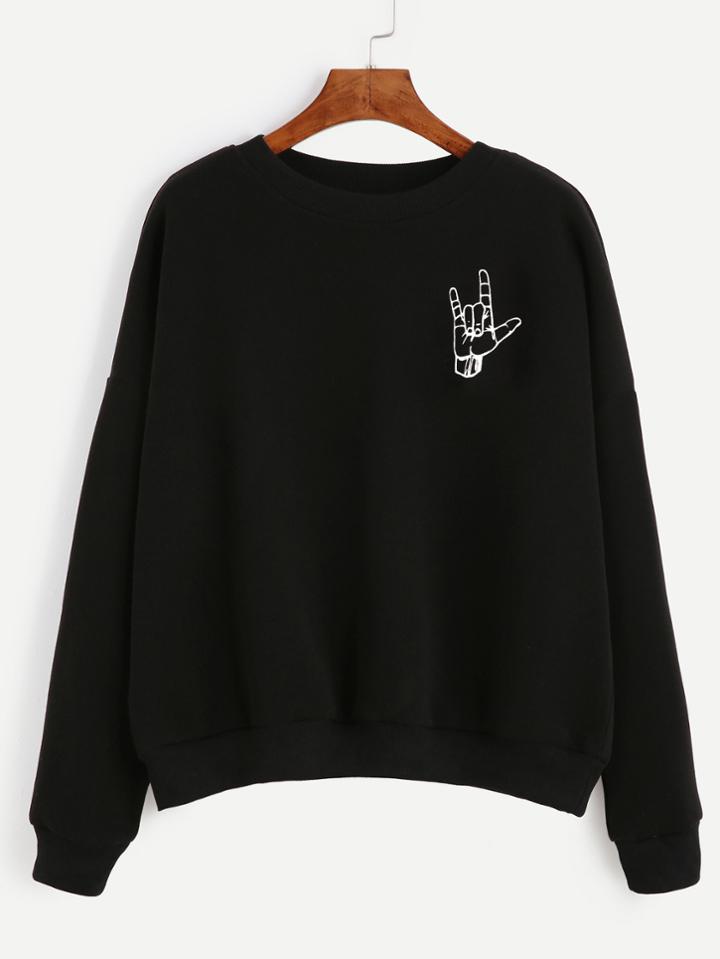 Romwe Black Gesture Print Drop Shoulder Sweatshirt