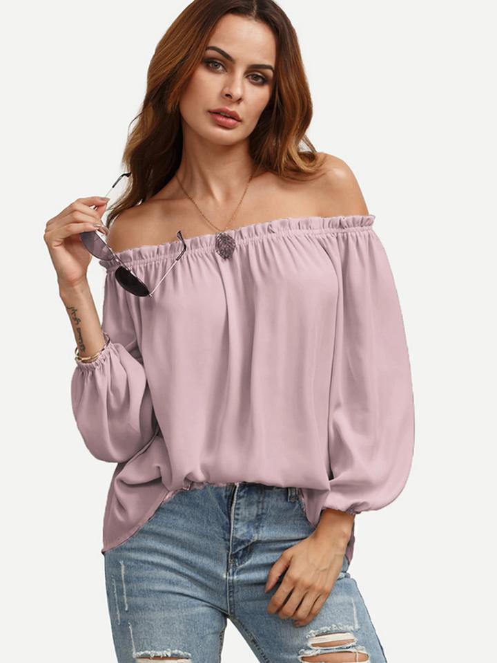 Romwe Frill Off Shoulder Elasticized Lantern Sleeve Top